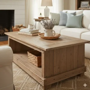 Close-up of a distressed wood farmhouse coffee table, an essential piece of living room furniture.