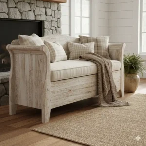 Charming rustic farmhouse wooden bench with distressed finish, adding warmth and extra seating to a country-style living room.