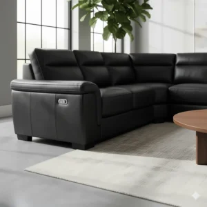 Close-up of the precise double-stitching detail and tapered wooden legs on the 7 seat sectional sofa.