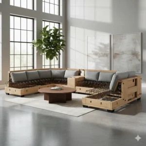 View of the solid kiln-dried wood frame used to construct the sturdy 7 seat sectional sofa.