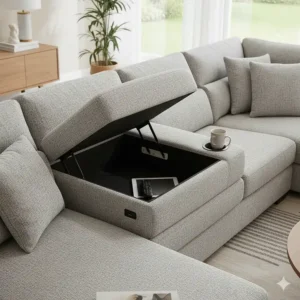 The center console and convenient hidden storage within the arm of the 7 seat sectional sofa.