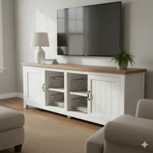 Shiplap media console or TV stand, a functional piece of farmhouse living room furniture with storage.
