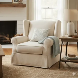 Comfy slipcovered armchair with rolled arms, a perfect addition to any farmhouse living room furniture set.