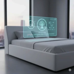Close-up of a futuristic smart bed interface showing sleep tracking data.