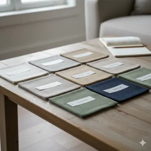 Swatches of durable fabric options available for your new sectional slipcovered sofa.