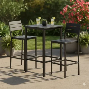 Durable, rust-resistant square metal bar height patio table in black, ideal for small outdoor spaces.