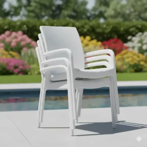 A stack of five space-saving, stackable plastic patio chairs for easy storage.