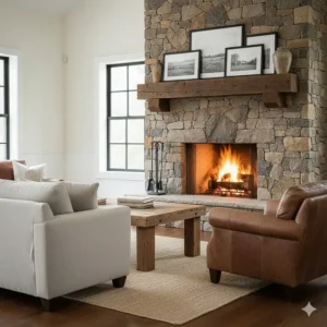 View of a stone fireplace and wood mantel with coordinating rustic living room furniture in the foreground.