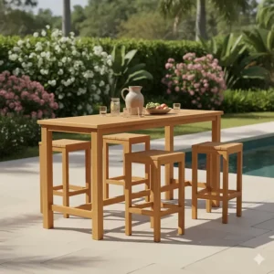 Elegant rectangular outdoor furniture bar height table crafted from weather-resistant teak wood.