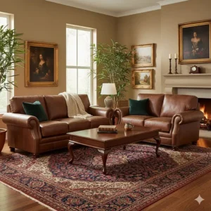 Traditional brown leather three piece living room furniture set with rolled arms and nailhead trim.