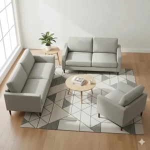 Overhead view showing the layout of the three matching pieces: a sofa, a loveseat, and a coordinating chair.