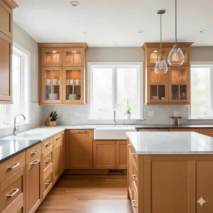 Transitional style kitchen featuring versatile maple furniture with glass-front display cabinets.
