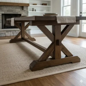 Showing the sturdy trestle base design on a long, custom-made farmhouse table.