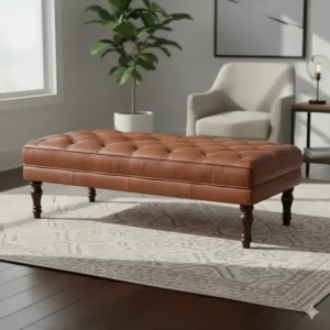 Luxurious tufted leather bench in a rich brown color, adding a sophisticated and durable seating option to the living room.