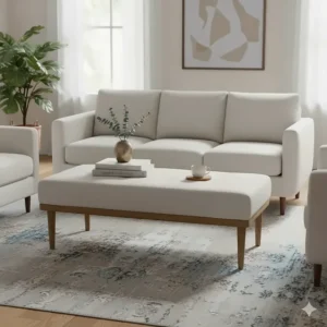 Elegant upholstered bench used as a multi-functional living room coffee table in a chic space.