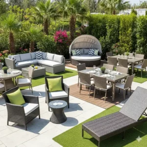 A display of various colors and styles available in quality resin wicker patio furniture.