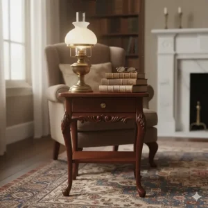 Small Victorian antique side table next to an armchair, used for holding a lamp and books in the living room.