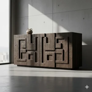 A vintage brutalist cabinet or sideboard, featuring bold, chiseled lines and abstract door reliefs.
