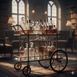 An antique-style vintage metal bar cart on wheels, with brass accents and glass shelving for serving drinks and cocktails.