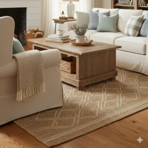 Jute and woven area rug layered under farmhouse living room furniture to add texture and warmth.