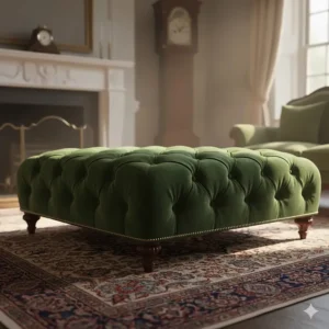 Oversized, deep-buttoned velvet antique ottoman, providing comfortable extra seating in a classic living room.