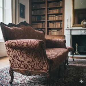 Close-up of a beautifully restored antique wooden sofa, showcasing the intricate carvings and original upholstery fabric.