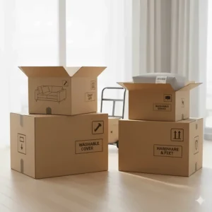 Modular sections of the easy-to-assemble washable sectional sofa packaged for delivery.