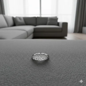 A droplet of water beading up on the surface of a durable, water-resistant sectional sofa slip cover, emphasizing its spill protection.