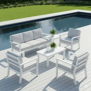 Clean white composite deck furniture, showing how the material resists fading and retains its color.