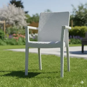 Durable white plastic patio chair with a woven texture, suitable for all weather.