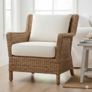 A wicker accent chair with a linen cushion, perfect for adding texture to a coastal-style living room.