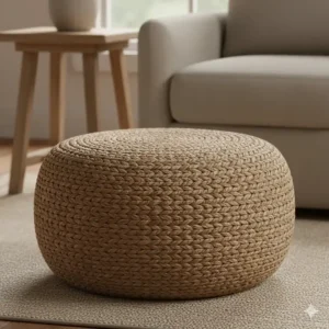 Woven jute ottoman or footstool complementing the warm, natural textures of rustic living room furniture.