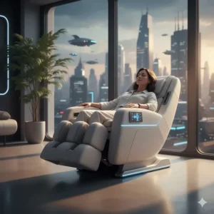 Person relaxing in a plush zero-gravity recliner with a built-in massage function.