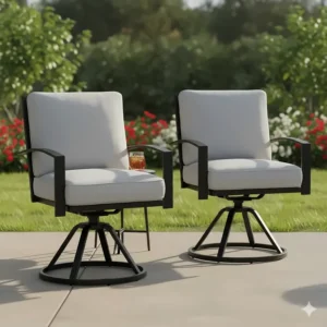 Two comfortable bar height chairs with black metal frames and all-weather fabric cushions, featuring a practical swivel function for easy seating.