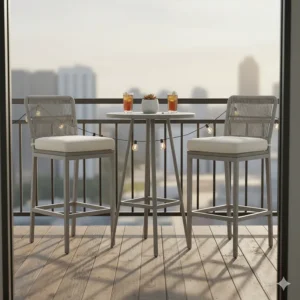 A compact, 3-piece outdoor bar height table and chairs bistro set, ideal for a small balcony or apartment patio space.