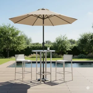 Modern aluminum bar height table with a built-in umbrella hole, set up for shade on a sunny deck.