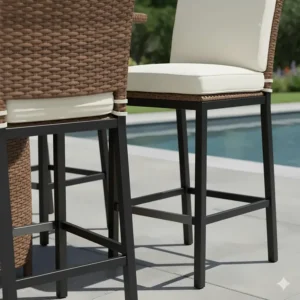 Detail shot of durable resin wicker outdoor bar height chairs, highlighting the built-in footrests for enhanced comfort.