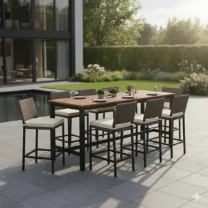 A long, rectangular outdoor furniture bar height table and chairs set, suitable for large gatherings and outdoor dining areas.