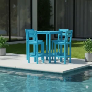 Vibrant blue Polywood bar height table and chairs set positioned near a poolside, illustrating the material's all-weather durability.