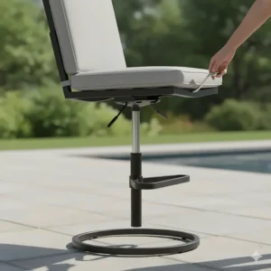 An image showing the height adjustment mechanism of an outdoor bar chair, a versatile option for different table heights.