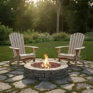 Two classic wooden rustic outdoor Adirondack chairs positioned around a stone fire pit, ideal for evening relaxation.