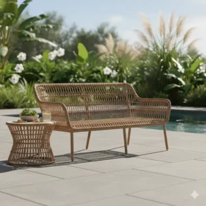 All-weather, tightly woven rattan wicker cushionless outdoor furniture sofa and end table.