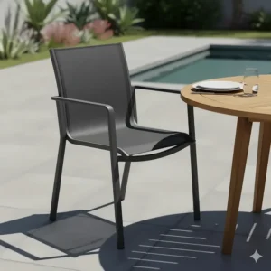 Lightweight aluminum frame dining chair with breathable Textilene fabric seat for cushionless outdoor furniture.