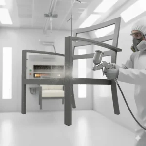 Graphic or photo illustrating the durable powder coating application process being applied to an aluminum furniture piece.