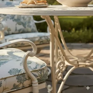 Close-up shot of the ornate, detailed scrolling and lattice work typical of vintage cast aluminum patio furniture, showcasing its craftsmanship.