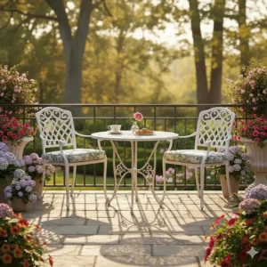 A charming vintage cast aluminum bistro set, including a small round table and two chairs, ideal for a balcony or cozy corner.