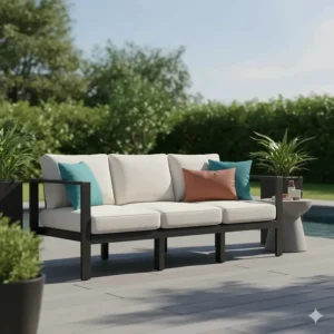 Contemporary black powder coated aluminum patio sofa with thick cushions, showcasing a popular color option for outdoor spaces.