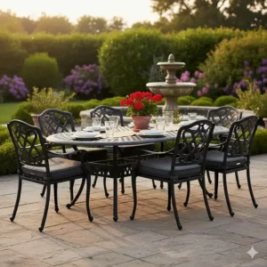 A classic black cast aluminum patio furniture dining set design on a stone terrace.