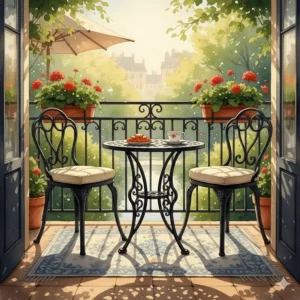 Charming black wrought iron bistro set for a small balcony or garden area, perfect for morning coffee.