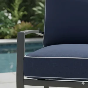 Detailed view of a boxed-edge outdoor replacement cushion with decorative piping.